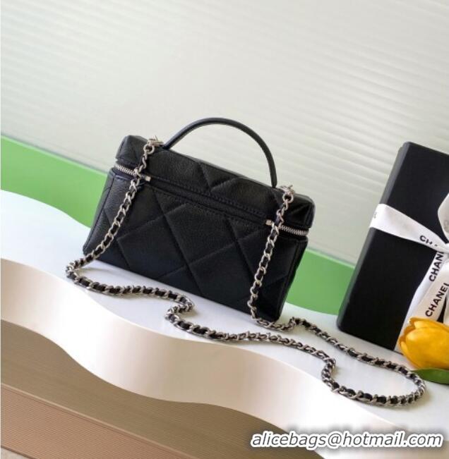 Luxury New Chanel Grained Shiny Calfskin Vanity Case with Chain and Top Handle AP4936 Black/Silver 2025
