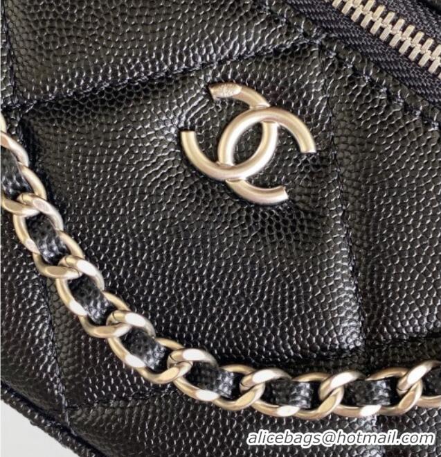 Luxury New Chanel Grained Shiny Calfskin Vanity Case with Chain and Top Handle AP4936 Black/Silver 2025