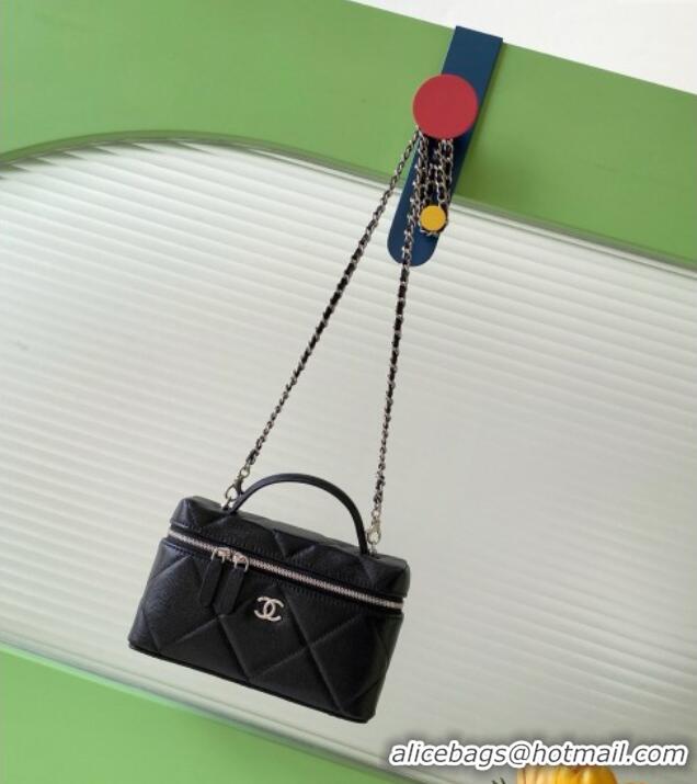 Luxury New Chanel Grained Shiny Calfskin Vanity Case with Chain and Top Handle AP4936 Black/Silver 2025