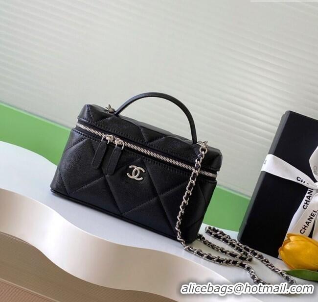 Luxury New Chanel Grained Shiny Calfskin Vanity Case with Chain and Top Handle AP4936 Black/Silver 2025