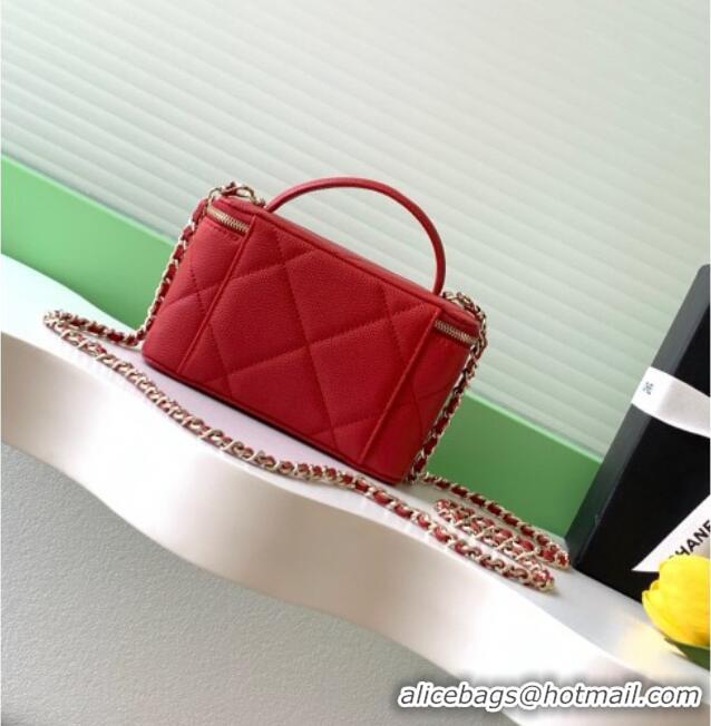 New Design Chanel Grained Shiny Calfskin Long Vanity with Chain and Top Handle AP4933 Red 2025