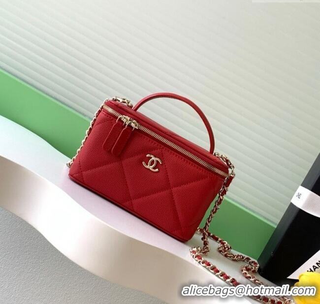 New Design Chanel Grained Shiny Calfskin Long Vanity with Chain and Top Handle AP4933 Red 2025