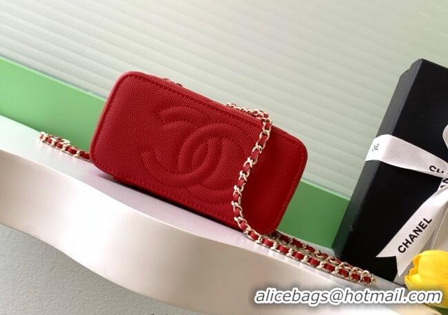 New Design Chanel Grained Shiny Calfskin Long Vanity with Chain and Top Handle AP4933 Red 2025