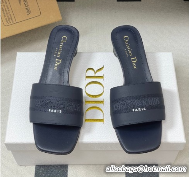 Good Looking Dior Dway Heel Slides Sandal 4cm in Grained Calfskin Leather Deep Blue 0822074