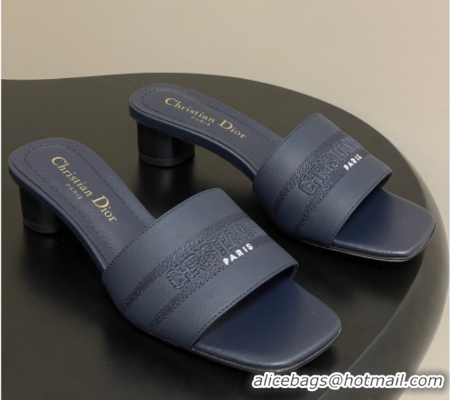 Good Looking Dior Dway Heel Slides Sandal 4cm in Grained Calfskin Leather Deep Blue 0822074
