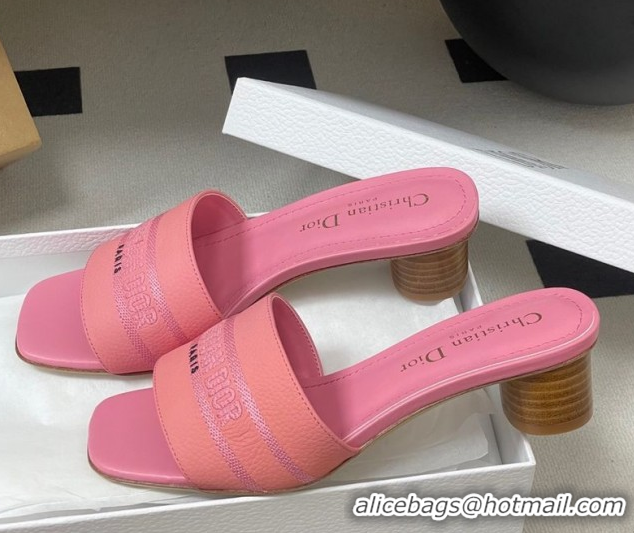 Pretty Style Dior Dway Heel Slides Sandal 4cm in Grained Calfskin Leather Pink 0822077