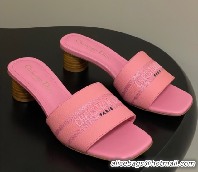 Pretty Style Dior Dway Heel Slides Sandal 4cm in Grained Calfskin Leather Pink 0822077