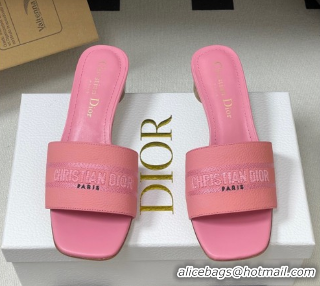 Pretty Style Dior Dway Heel Slides Sandal 4cm in Grained Calfskin Leather Pink 0822077