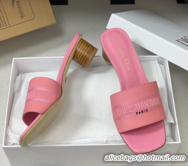 Pretty Style Dior Dway Heel Slides Sandal 4cm in Grained Calfskin Leather Pink 0822077