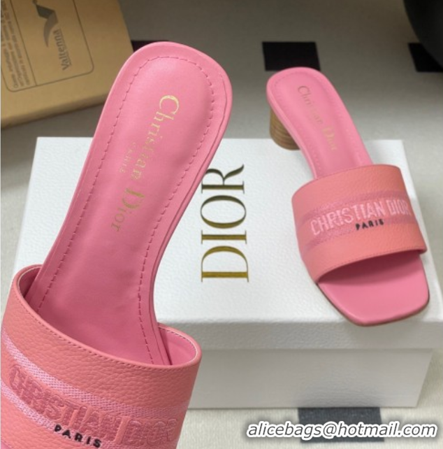 Pretty Style Dior Dway Heel Slides Sandal 4cm in Grained Calfskin Leather Pink 0822077