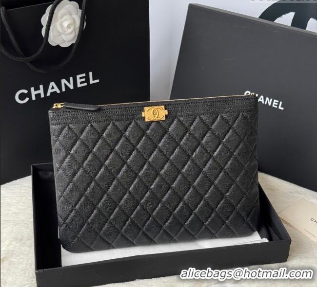 New Stylish Chanel Grained Calfskin Leboy 2.55 Pouch 9847-1 Black/Gold 2025