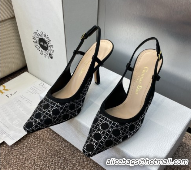 Luxury Discount Dior Capture Slingback Pumps 9.5cm in Satin with Strass Cannage Motif Black 0822079