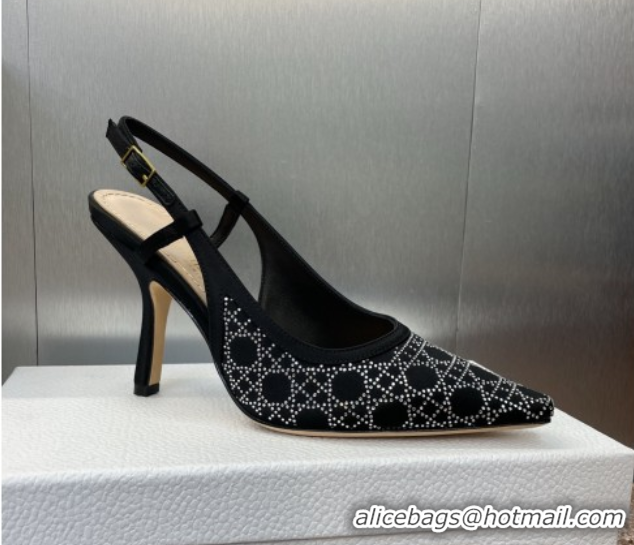 Luxury Discount Dior Capture Slingback Pumps 9.5cm in Satin with Strass Cannage Motif Black 0822079
