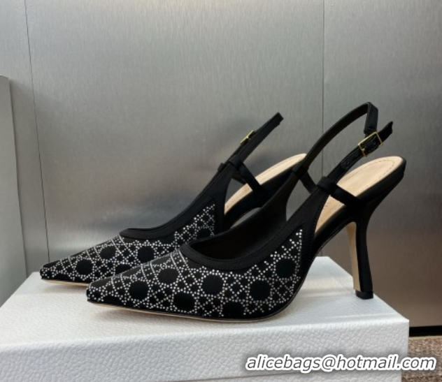 Luxury Discount Dior Capture Slingback Pumps 9.5cm in Satin with Strass Cannage Motif Black 0822079