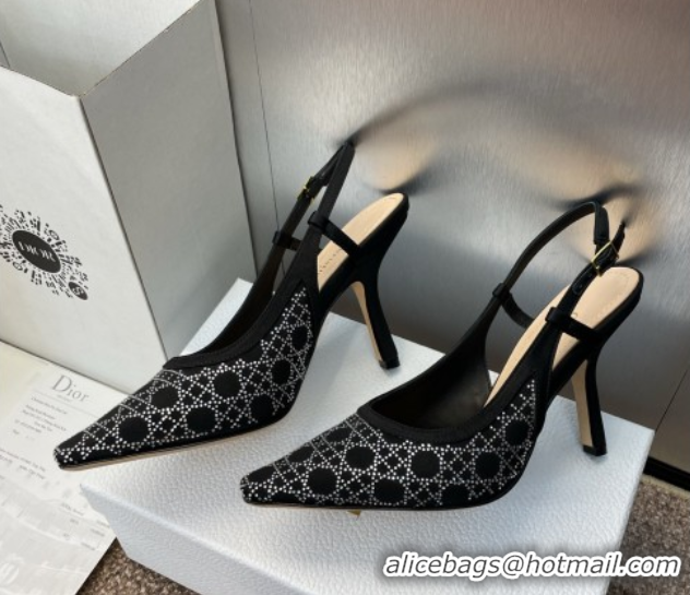 Luxury Discount Dior Capture Slingback Pumps 9.5cm in Satin with Strass Cannage Motif Black 0822079