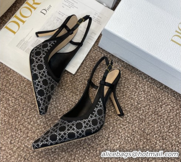 Luxury Discount Dior Capture Slingback Pumps 9.5cm in Satin with Strass Cannage Motif Black 0822079