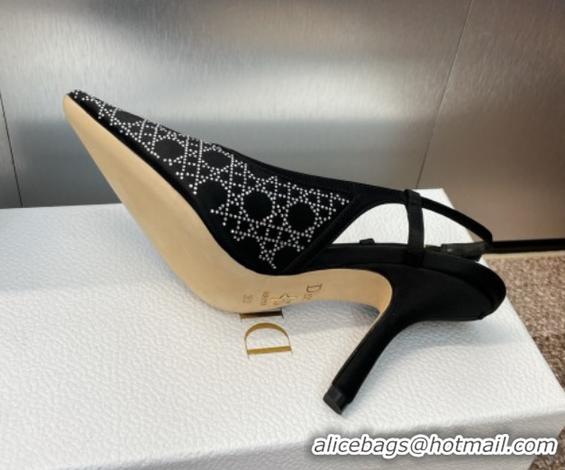 Luxury Discount Dior Capture Slingback Pumps 9.5cm in Satin with Strass Cannage Motif Black 0822079