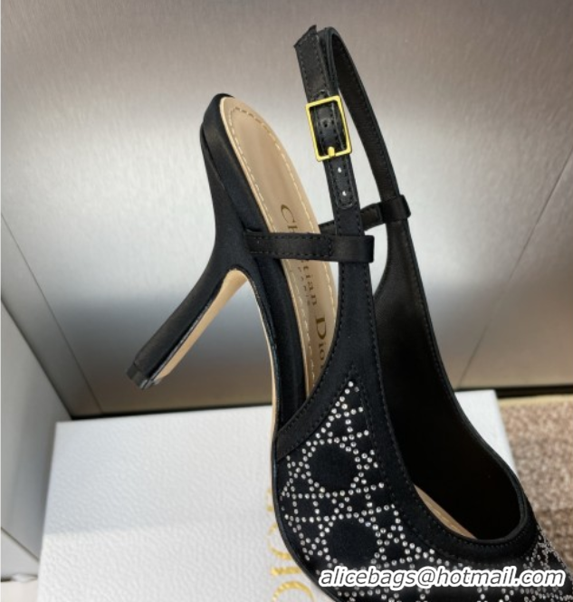 Luxury Discount Dior Capture Slingback Pumps 9.5cm in Satin with Strass Cannage Motif Black 0822079