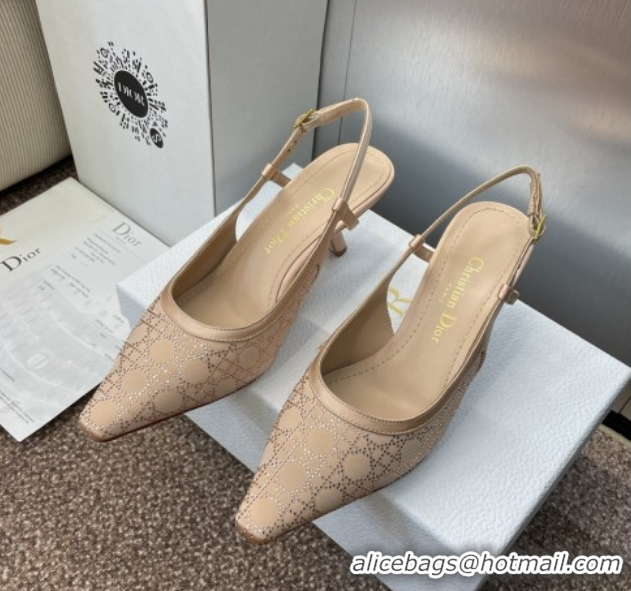 Luxury Dior Capture Slingback Pumps 6.5cm in Satin with Strass Cannage Motif Nude 0822080