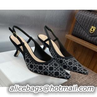 Luxury Cheap Dior Capture Slingback Pumps 6.5cm in Satin with Strass Cannage Motif Black 0822081