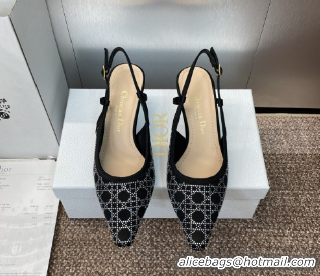 Luxury Cheap Dior Capture Slingback Pumps 6.5cm in Satin with Strass Cannage Motif Black 0822081