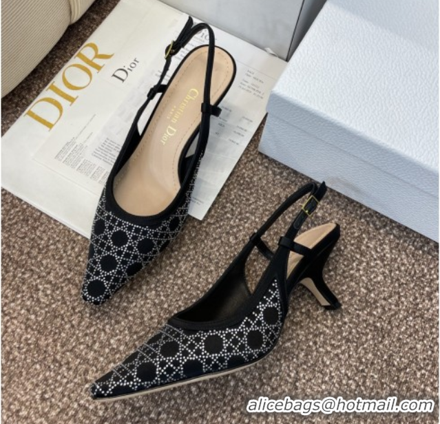 Luxury Cheap Dior Capture Slingback Pumps 6.5cm in Satin with Strass Cannage Motif Black 0822081
