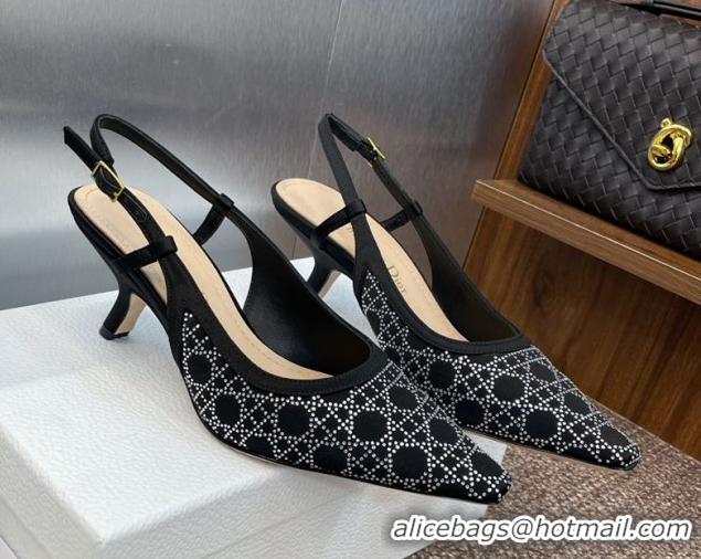 Luxury Cheap Dior Capture Slingback Pumps 6.5cm in Satin with Strass Cannage Motif Black 0822081