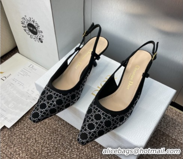 Luxury Cheap Dior Capture Slingback Pumps 6.5cm in Satin with Strass Cannage Motif Black 0822081