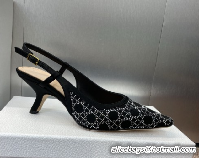 Luxury Cheap Dior Capture Slingback Pumps 6.5cm in Satin with Strass Cannage Motif Black 0822081