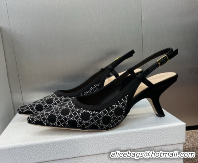 Luxury Cheap Dior Capture Slingback Pumps 6.5cm in Satin with Strass Cannage Motif Black 0822081