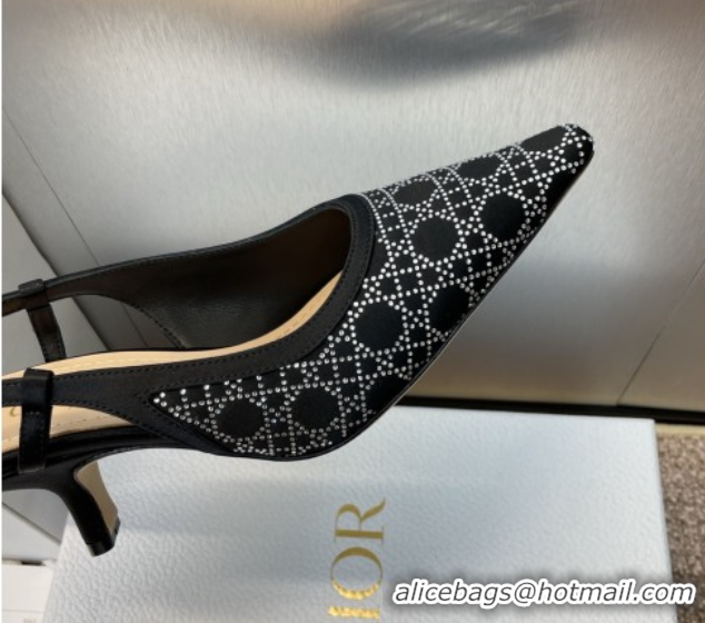 Luxury Cheap Dior Capture Slingback Pumps 6.5cm in Satin with Strass Cannage Motif Black 0822081
