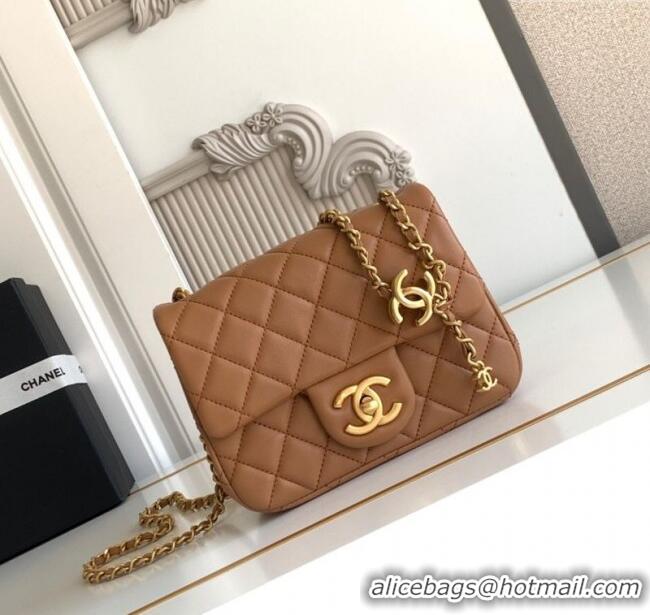 New Design Chanel Shiny Lambskin Square Mini Flap Bag with CC Chain AS5758 Brown 2025