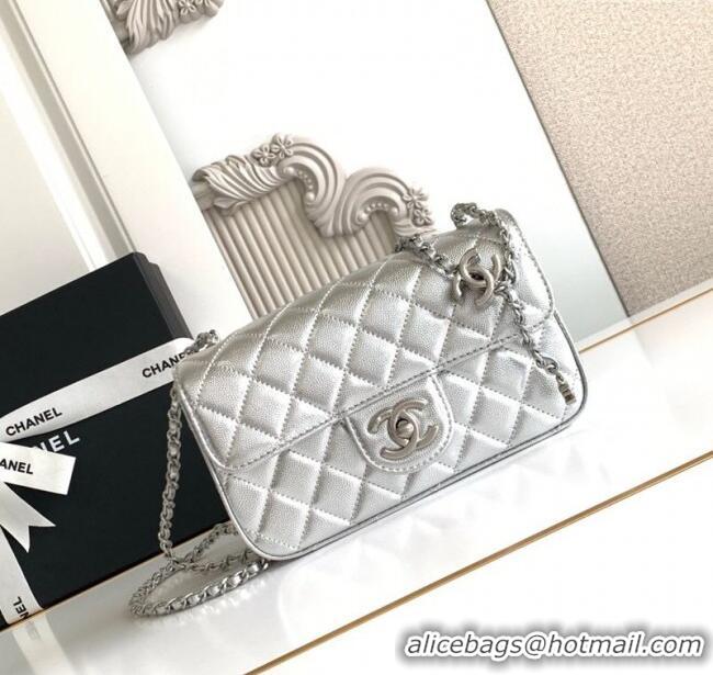 Classic Cheapest Chanel Grained Calfskin Mini Flap Bag with CC Chain AS5759 Silver 2025