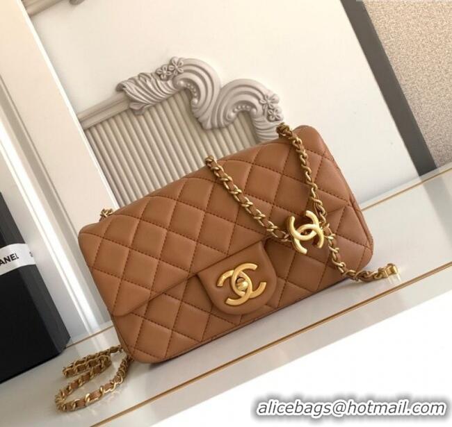 Original Cheap Chanel Shiny Lambskin Mini Flap Bag with CC Chain AS5759 Brown 2025