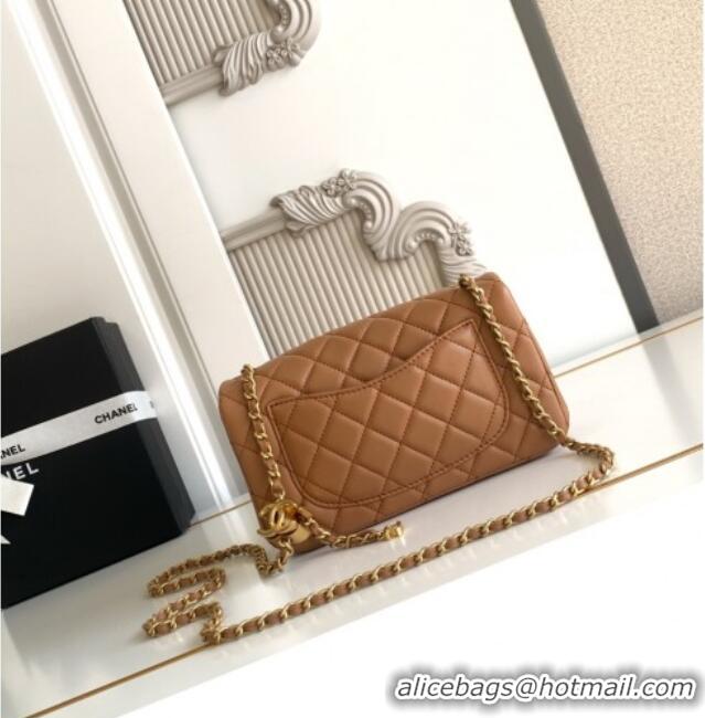 Original Cheap Chanel Shiny Lambskin Mini Flap Bag with CC Chain AS5759 Brown 2025