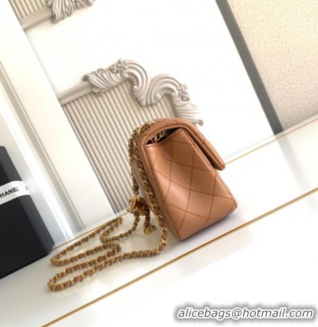 Original Cheap Chanel Shiny Lambskin Mini Flap Bag with CC Chain AS5759 Brown 2025