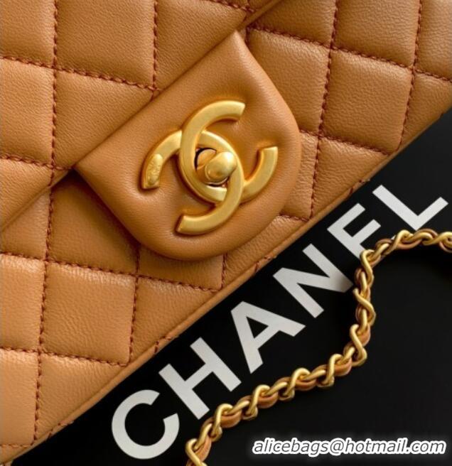 Original Cheap Chanel Shiny Lambskin Mini Flap Bag with CC Chain AS5759 Brown 2025