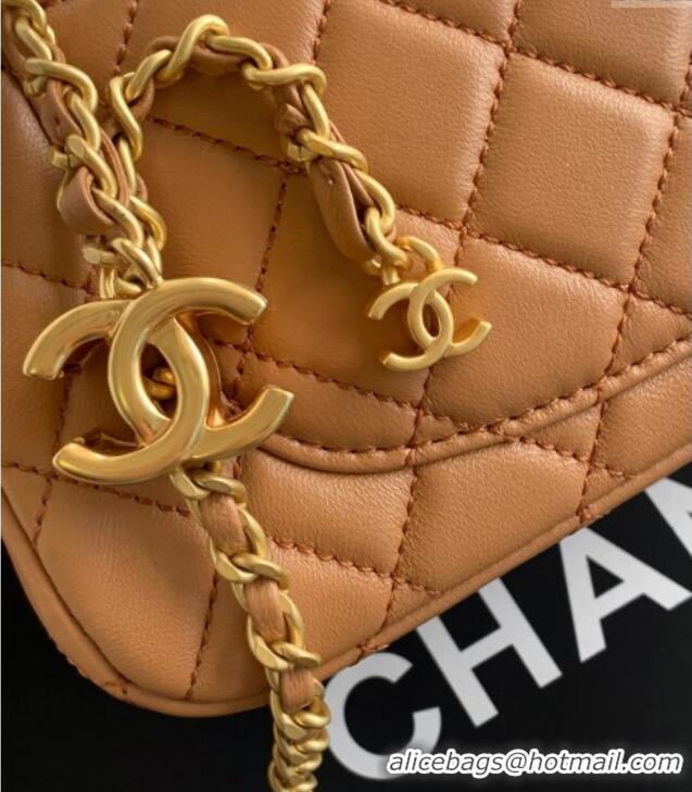 Original Cheap Chanel Shiny Lambskin Mini Flap Bag with CC Chain AS5759 Brown 2025