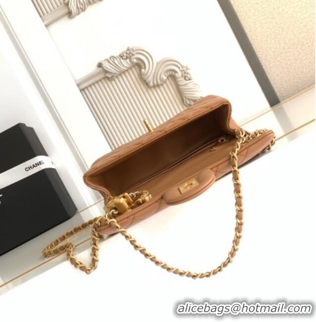 Original Cheap Chanel Shiny Lambskin Mini Flap Bag with CC Chain AS5759 Brown 2025