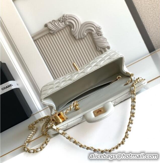New Design Chanel Shiny Lambskin Mini Flap Bag with CC Chain AS5759 Light Grey 2025