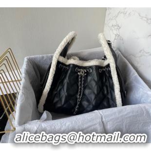 Top Design Chanel Quilted Calfskin 25 Small Handbag with Furry Charm AS5293 Black/Silver 2025