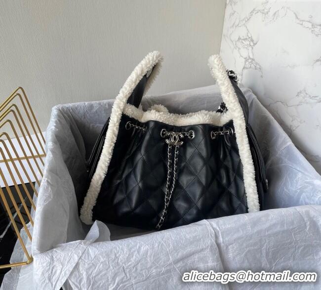 Top Design Chanel Quilted Calfskin 25 Small Handbag with Furry Charm AS5293 Black/Silver 2025