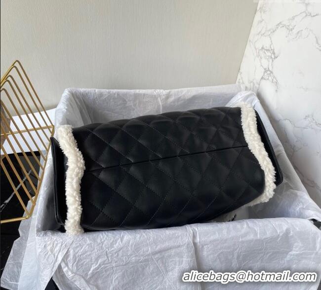 Top Design Chanel Quilted Calfskin 25 Small Handbag with Furry Charm AS5293 Black/Silver 2025
