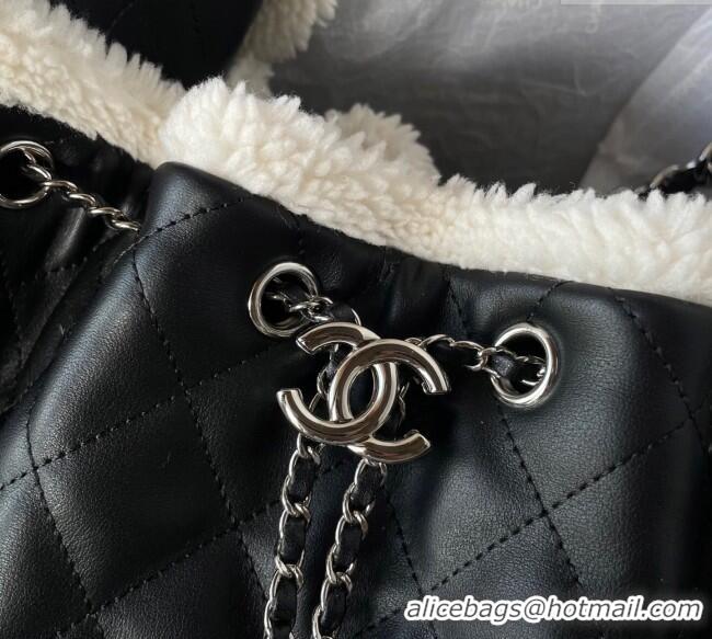 Top Design Chanel Quilted Calfskin 25 Small Handbag with Furry Charm AS5293 Black/Silver 2025