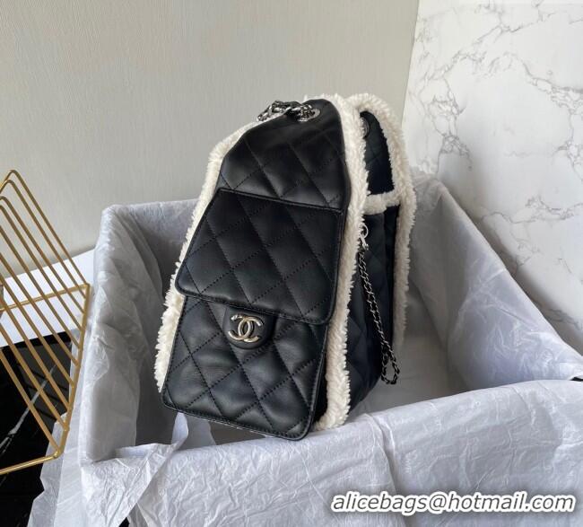 Top Design Chanel Quilted Calfskin 25 Small Handbag with Furry Charm AS5293 Black/Silver 2025