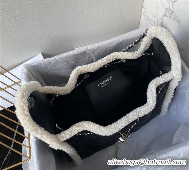 Top Design Chanel Quilted Calfskin 25 Small Handbag with Furry Charm AS5293 Black/Silver 2025