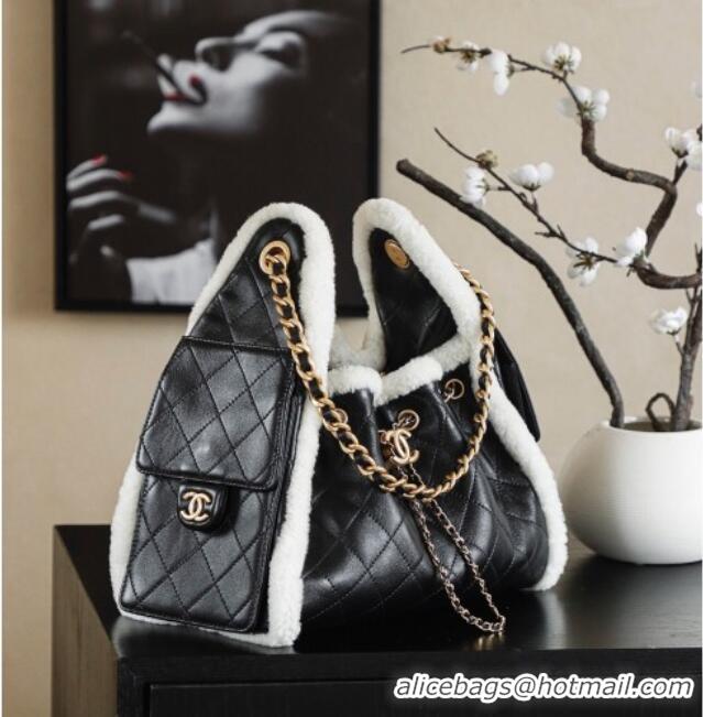 Market Sells Chanel Quilted Calfskin 25 Small Handbag with Shearling Charm AS5293 Black/Gold 2025