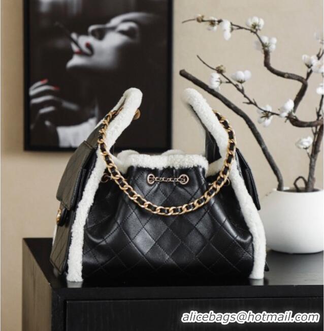 Market Sells Chanel Quilted Calfskin 25 Small Handbag with Shearling Charm AS5293 Black/Gold 2025
