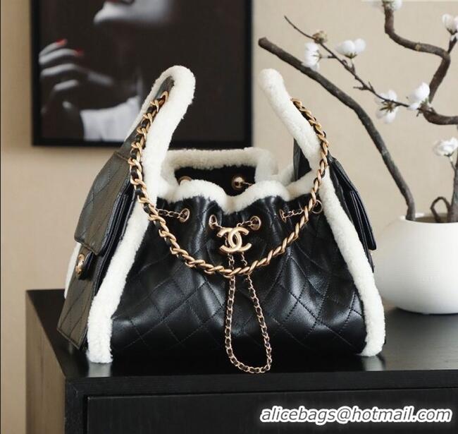 Market Sells Chanel Quilted Calfskin 25 Small Handbag with Shearling Charm AS5293 Black/Gold 2025