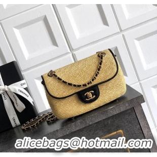 Best Quality Chanel Raffia Straw and Calfskin Small Flap Bag AS5929 Beige/Black 2025